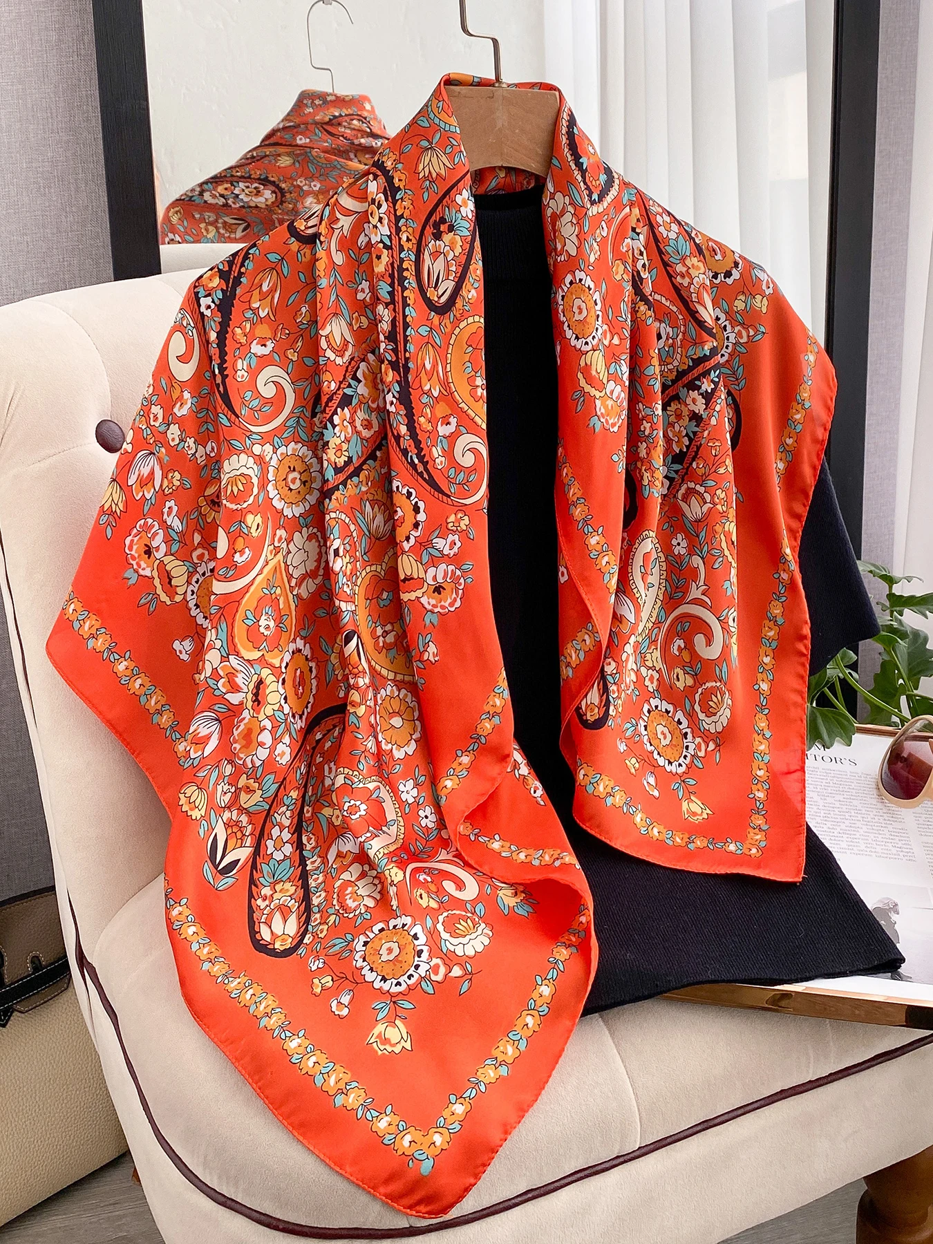 

90*90cm Paisley Silk Square Scarf Luxury Women Satin Shawl Wrap Hijab Female Neck Hair Neckerchief Echarpe Bandana Bag Warp