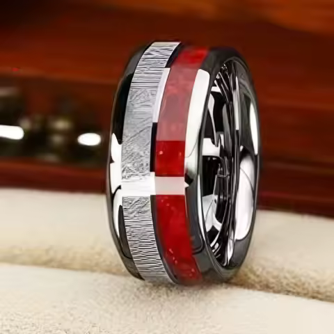 8MM Unique Men's Rings Silver Meteorite Inlay Stainless Steel Ring for Women Luxury Red Store Wedding Band Party Jewelry Gift