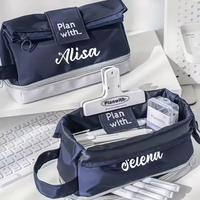 1pc Personalized Customized Name and Date 3D Foldable Double-Layer Pencil Case Large Capacity Japanese Style Simple Pencil Box Student Storage Bag Stationery Bag
