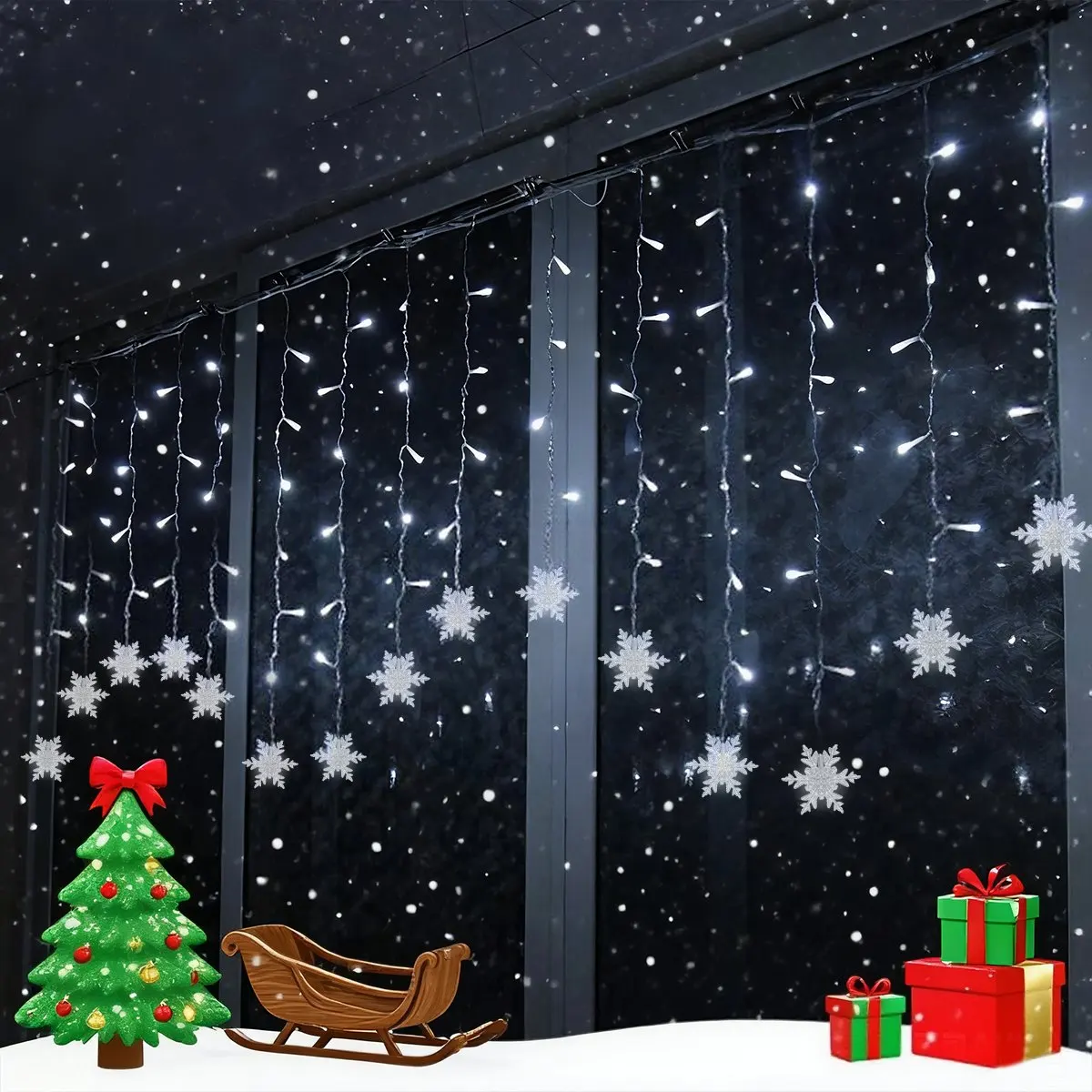 1pc 96 LED Snowflake Icicle Fairy Window Curtain Lights USB Powered with Remote Indoor LED Light For Christmas Trees Room Decor