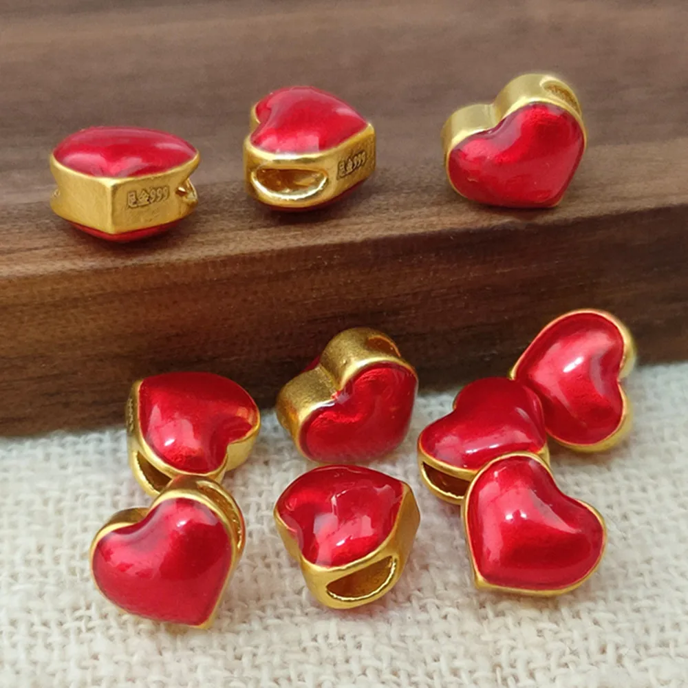 

1pcs Pure 999 24K Yellow Gold 3D Red Enamel Heart Bead Pendant