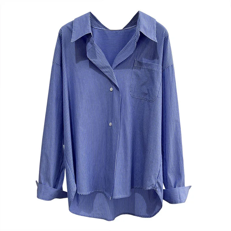 

Blue shirt women's striped Korean style loose design high-end top, office air-conditioned room to keep warm women shirt