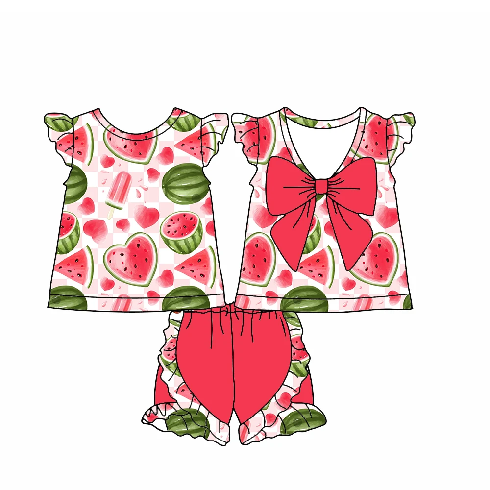 Boutique sleeveless ruffled butterfly-embellished top paired with ruffled shorts Fruit Beach Series Print custom