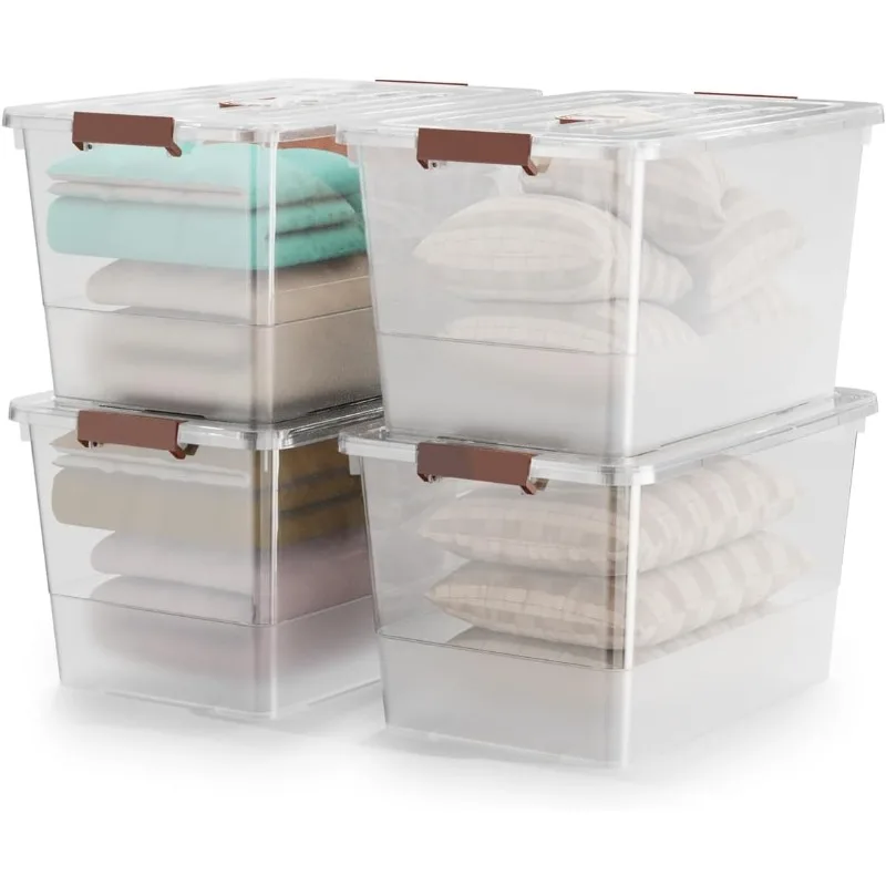 

4 Pack 53qt Clear Plastic Storage Bin with Lid and Latching Buckles, Stackable Tote Organizing Box with Handle