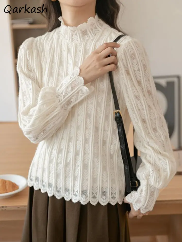 Renda manga longa camisetas femininas casual elegante sólido meia gola alta minimalista topos outono ropa mujer roupas senhoras elegantes