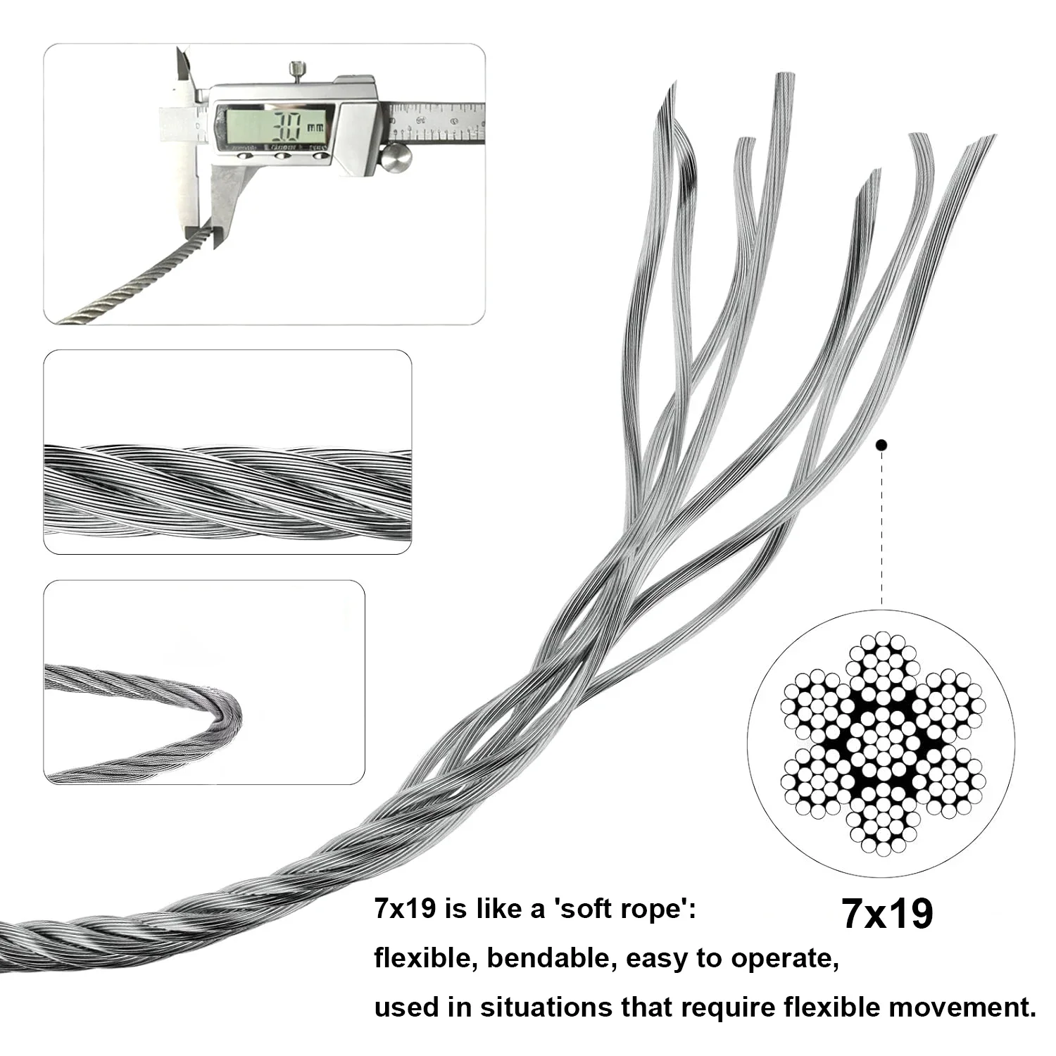 1Pcs 304 Stainlesss Steel Wire Rope 7x19, 1.5-3.0mm Heavy Duty Cable, Anti-Rust Lifting Rigging for Outdoor Hardware