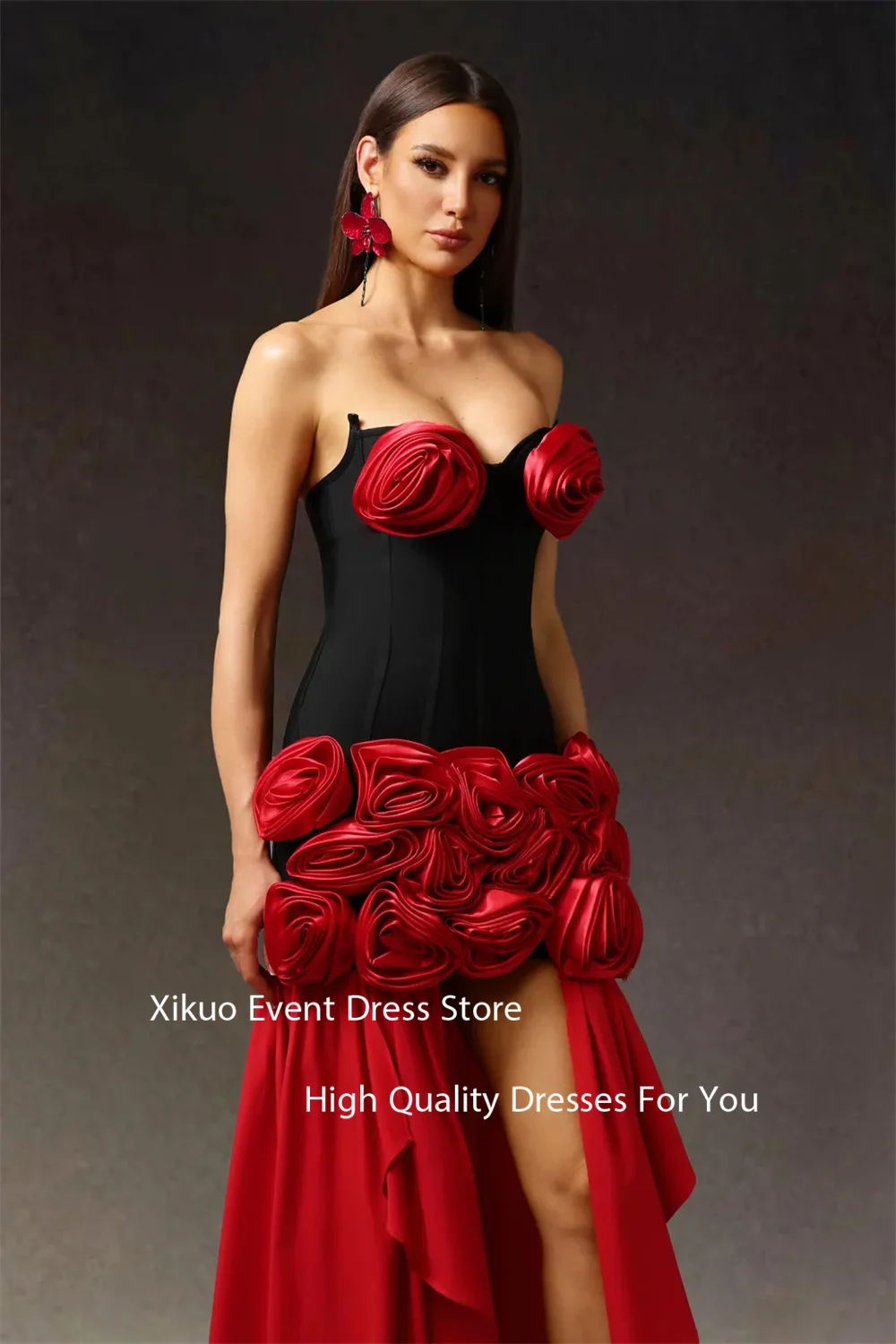 Xikuo vermelho e preto cetim vestidos de noite querida sofisticado robe cocktail femmes plissado 3d flores vestidos de baile personalizado