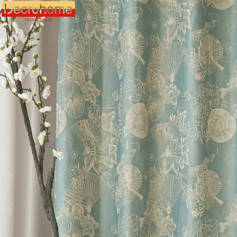 New Chinese Embroidery Floral Curtains Classical Oriental Light Shadow Three-dimensional Relief Curtains for Living Room Bedroom
