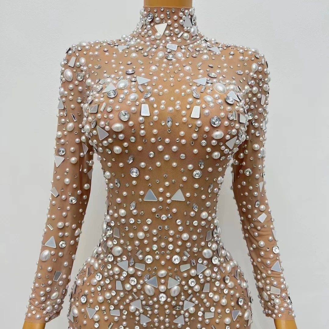 Damski kombinezon z dżetami i cekinami na urodziny, elastyczny, obcisły, siateczkowy pajacyk, kostium sceniczny dla piosenkarki, seksowny strój na występy w klubie nocnym.