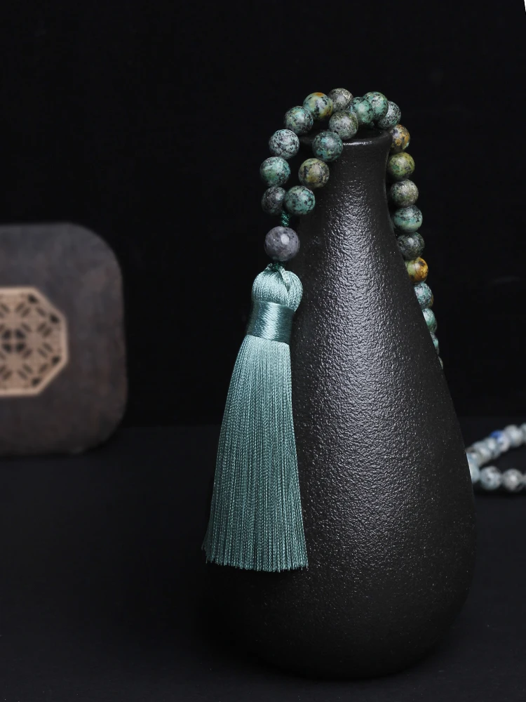 Japamala 108 beads natural stones African turquoise Prayer Necklace tassel,mala 108 beads 8mm rosary,new in necklace jewelry