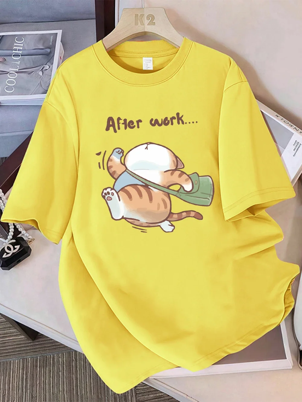 Summer T-Shirts Womens The Cat That Runs After Work Prints Tops Soft O-Neck Short Sleeve Tees Basic Clothes women clothing tops