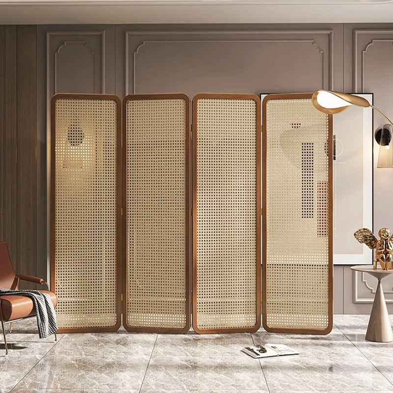 

Japanese-style solid wood screen partition living room folding mobile rattan office hotel folding screen Chinese retro small apa