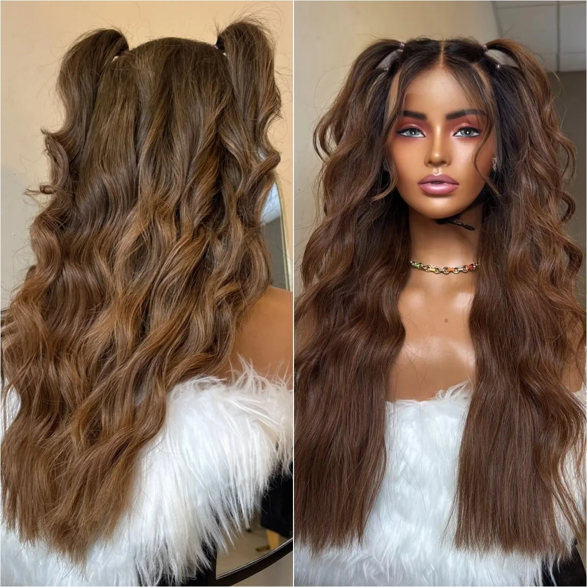 

Легко носить, глубокая волна, 180% высокая плотность, шоколадно-коричневый, синтетический кружевной верх, парики со средним пробором, теневые корни, волосы для повседневной вечеринки