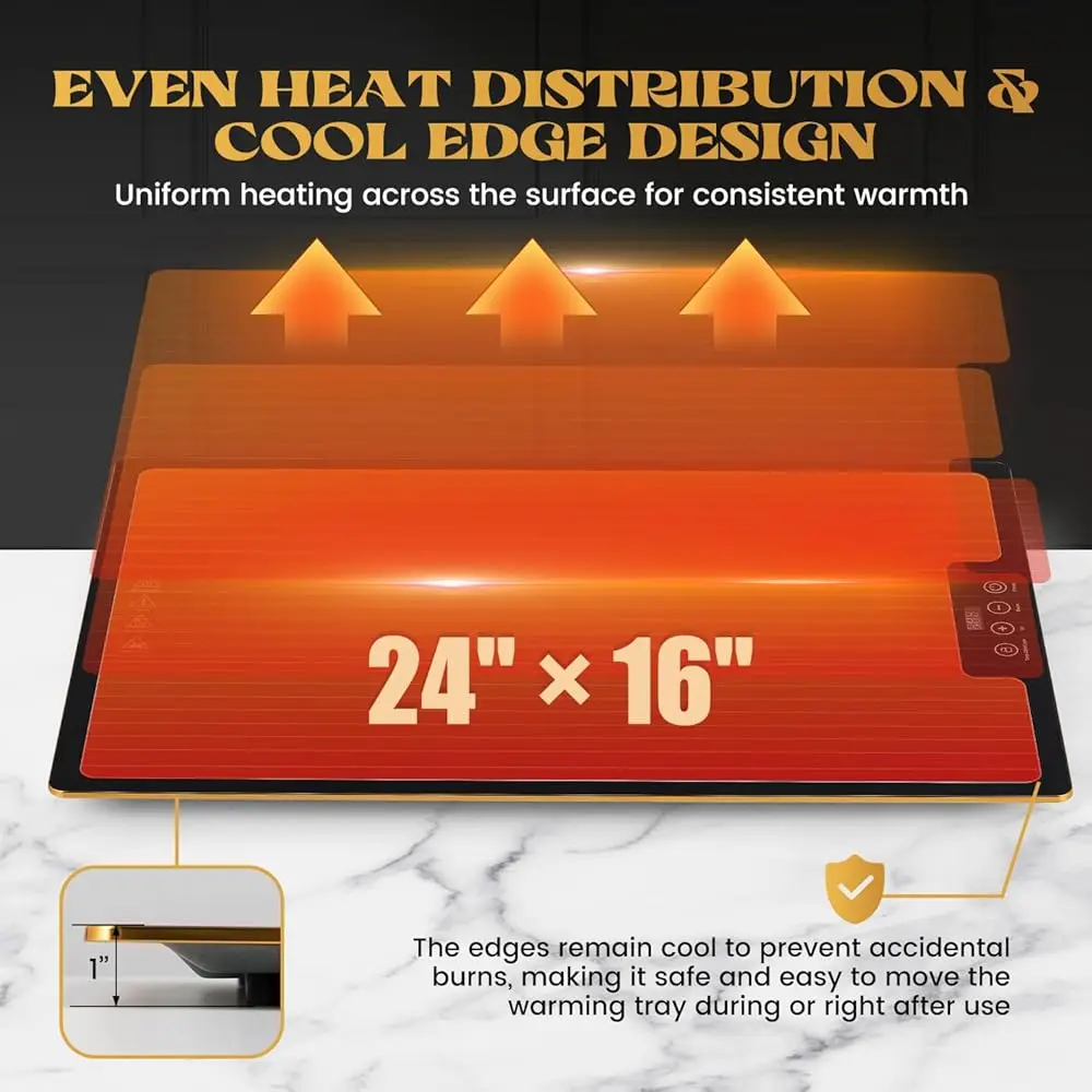 104℉-284℉ Electric Warming Tray Temperature Adjustable Food Warming Mat With Even Heated Glass Surface, 6 Preset Modes & Timer