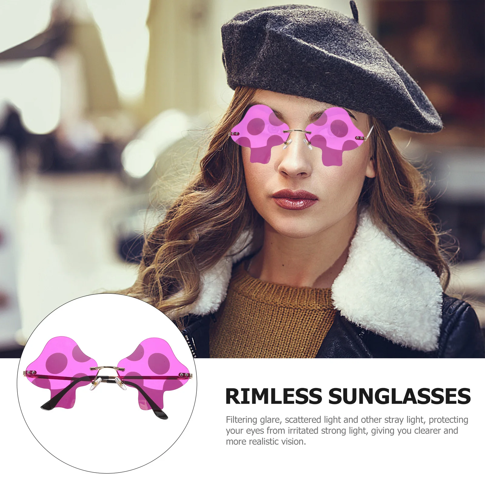 

1pc Rimless Sunglasses Mushroom Shape Women Men Purple Pink Clear Lens Trendy Beach Party Daily Cool Glasses Accessories
