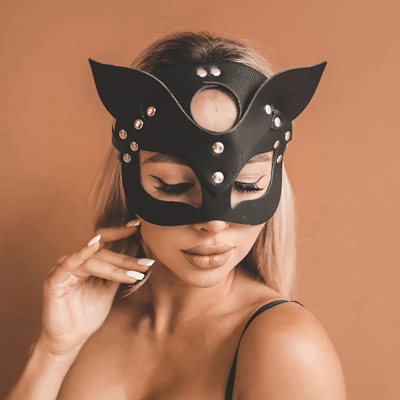 Women Sexy Half Face Fox Cosplay Cat Leather Anime Mask With Rivet Punk Collar For Halloween Party Masquerade Ball Fancy Masks