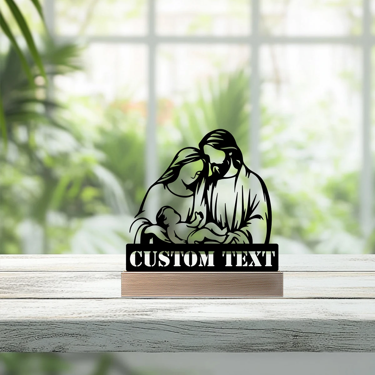 รูปปั้นโลหะพระเยซูพร้อมฐานไม้ งานศิลปะตกแต่งบ้าน 1 ชิ้น (สามารถสลักชื่อได้)