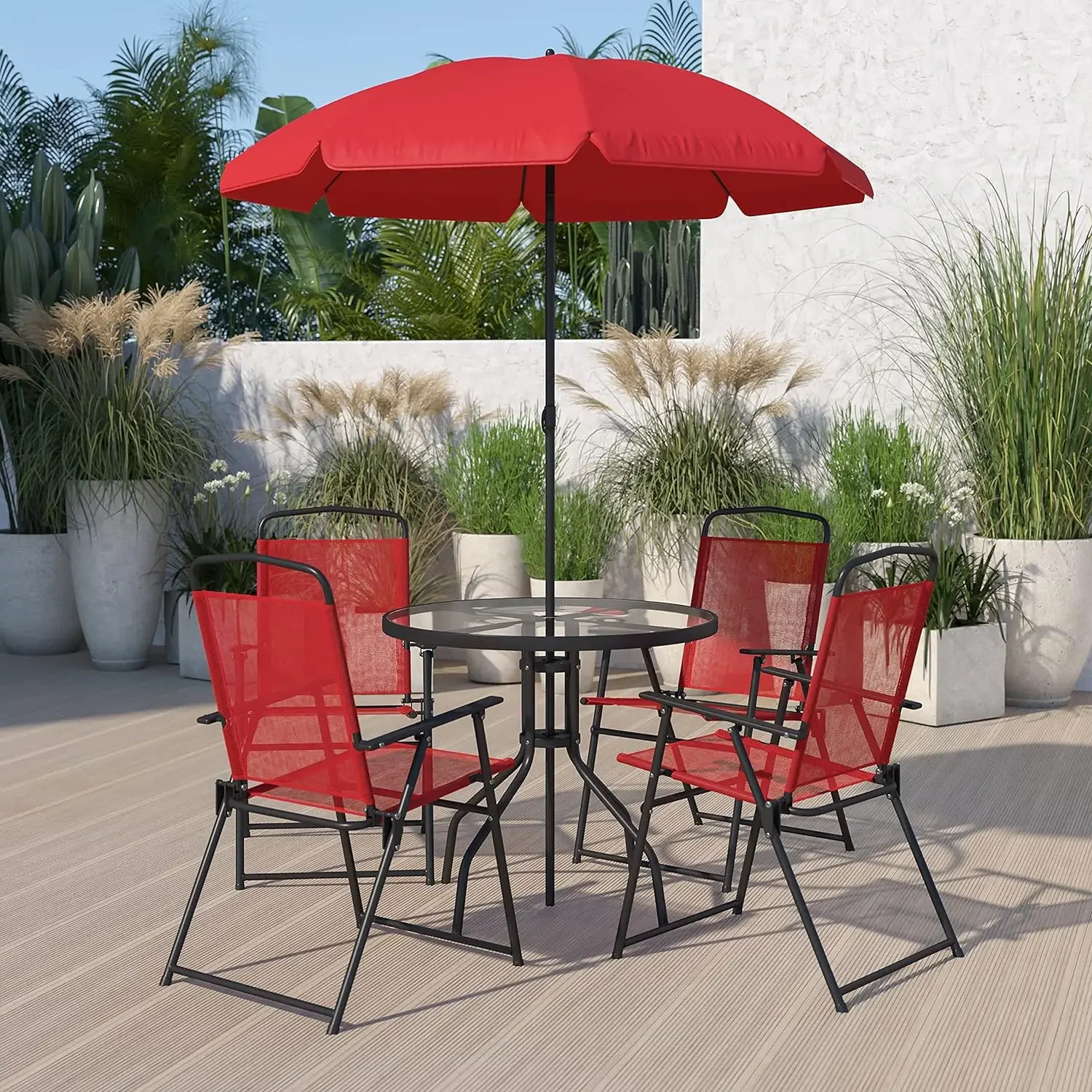 

6 Piece Red Patio Garden Set with Table, Umbrella and 4 Folding Chairs