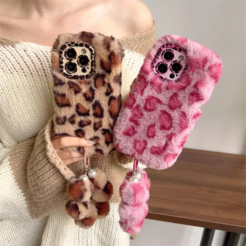 Fashion Leopard Furry Plush Lens Bracket Phone Case For iPhone 17Air 15 14 13 12 11 16 Pro Max With Wrist Chain Shockproof Cover