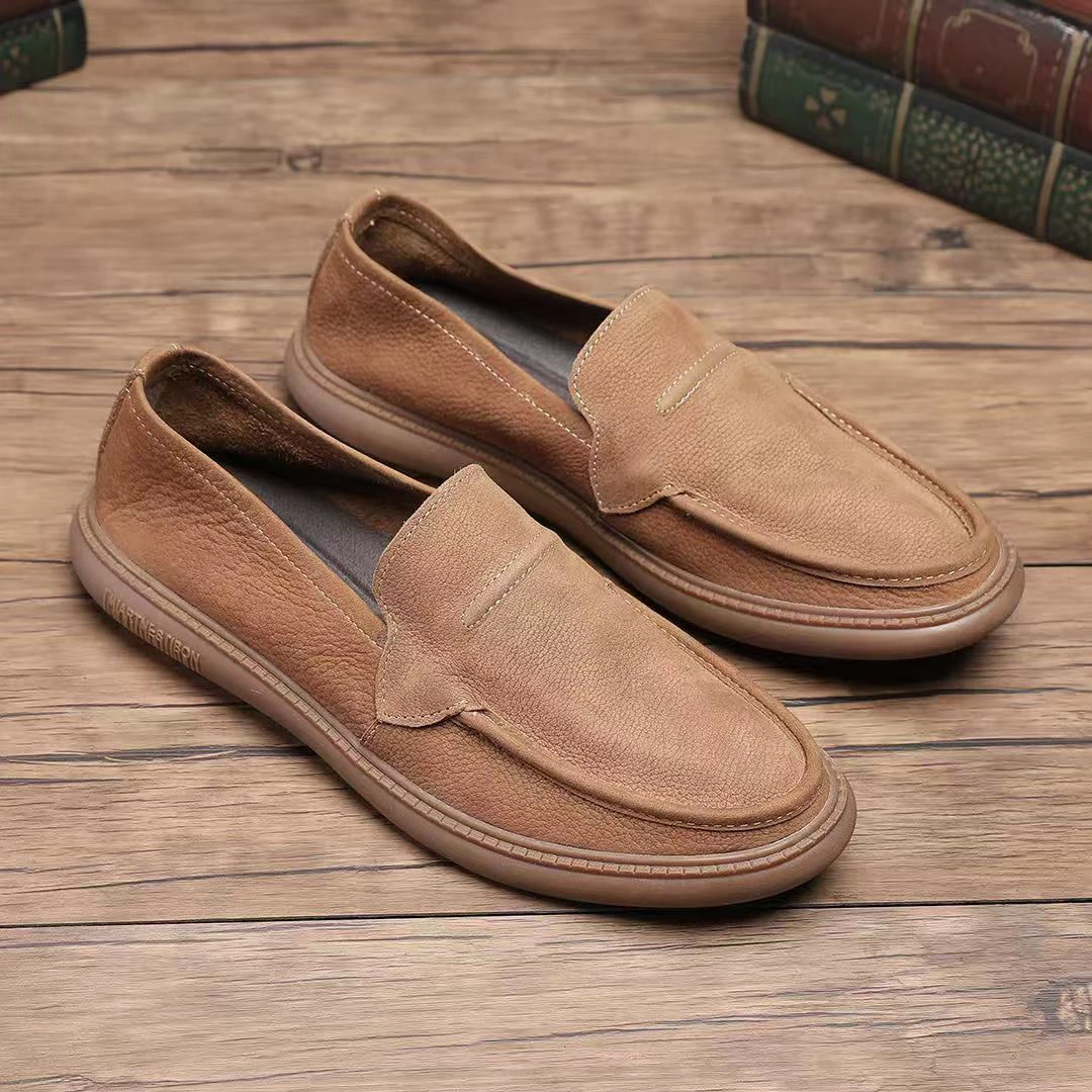 

Мужские лоферы из натуральной кожи, дышащие, повседневные, с мягкой подошвой, в британском стиле, весенние, с круглым носком, на резиновой подошве