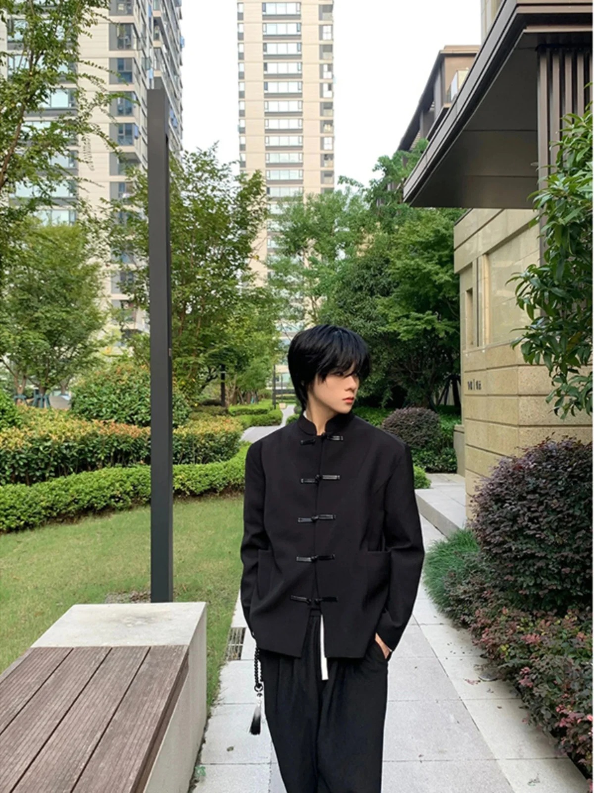 

New Chinese Sle Men's Suit Jaet Trendy High-End Feeling Stand Collar Student Zhongan Suit Durable Polyester Fiber