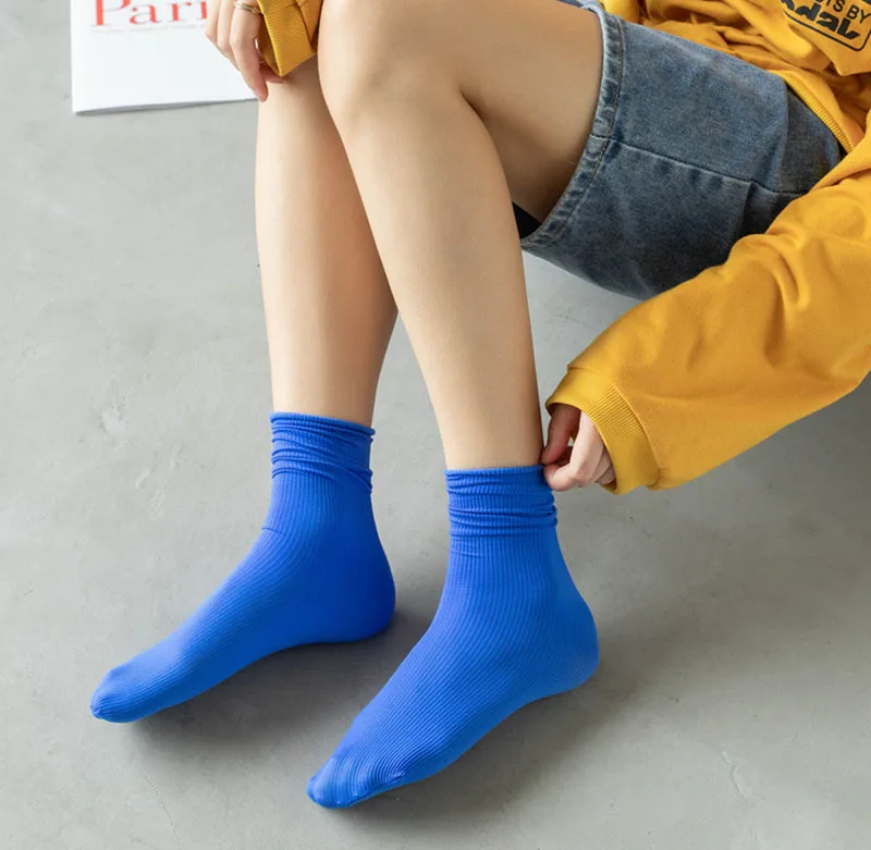 Multicolor Solid Color Ice Silk Velvet Mid Tube Socks Women Summer Soft Thin Rolled Edge Crew Socks Japanese Casual Long Socks