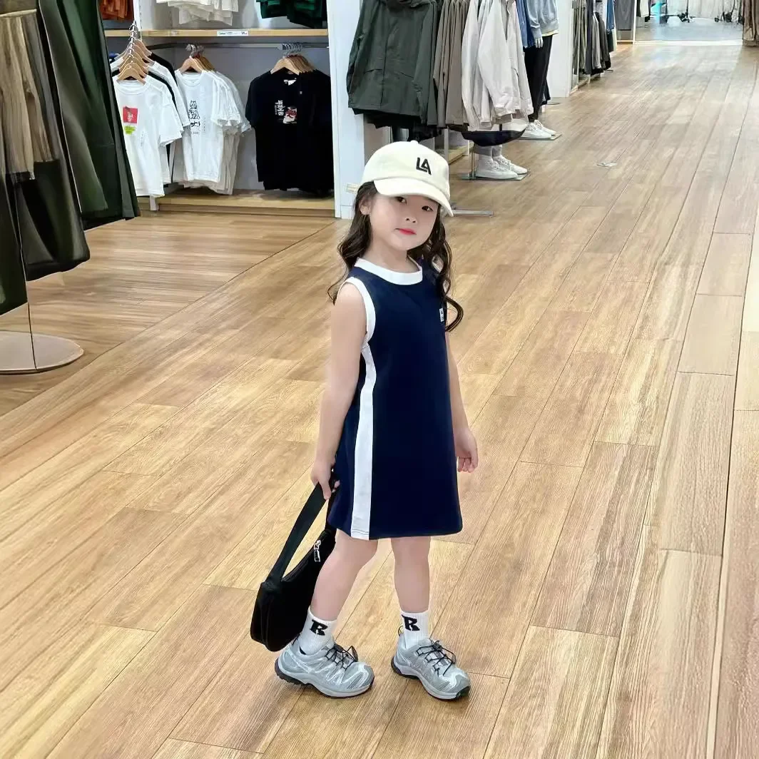 Korean Children Clothing 2024 Summer Girls Sleeveless Vest Dress Children Long Color Blocking Sports Style Girls Clothes