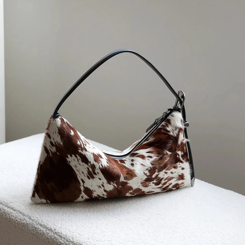 

Thin Real Horsehair Leather Women Handbag Unique Creativity Design Cow Print and Leopard Fur Armpit Shoulder Bag