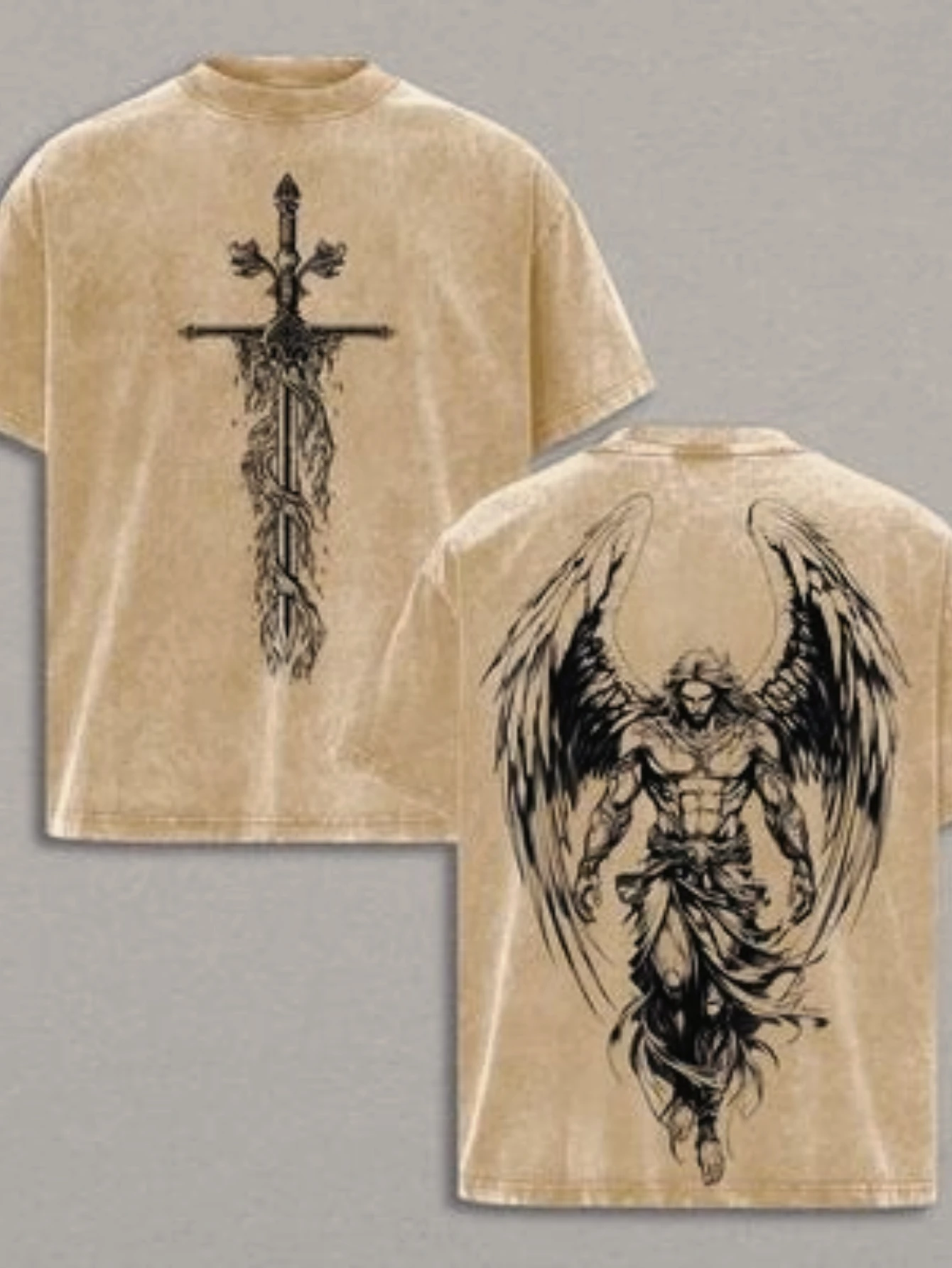 Men's Heavyweight 100% Cotton Christian T-Shirt with Archangel Michael & Flame Sword, Justice Scale & Jesus Cross Back Print