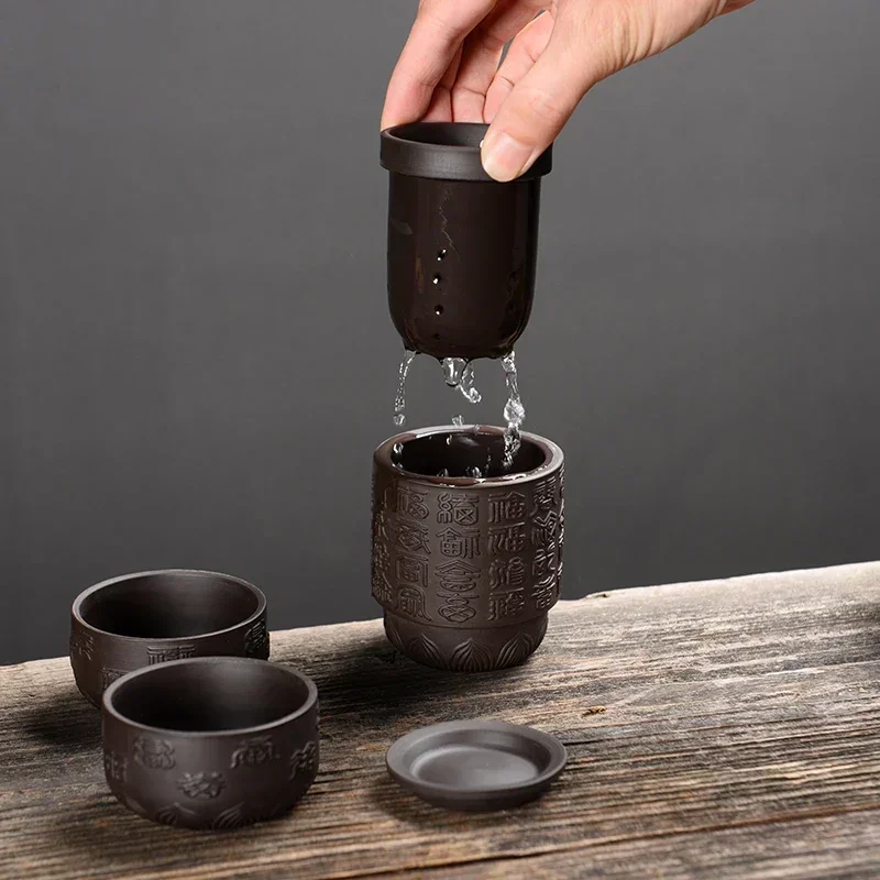 Travel Tea Set Portable Packaging Ceramics Teapot Cup One Pot Four Cups Purple Clay Kung Fu Tea Set Outdoor Travel Teaware Sets