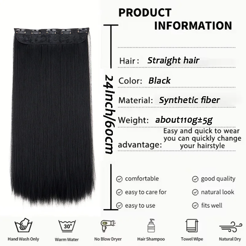 24Inch Synthetic Long Straight Clip In Hair Extensions for Women One Piece Hairpiece Easy To Wear Daily Party