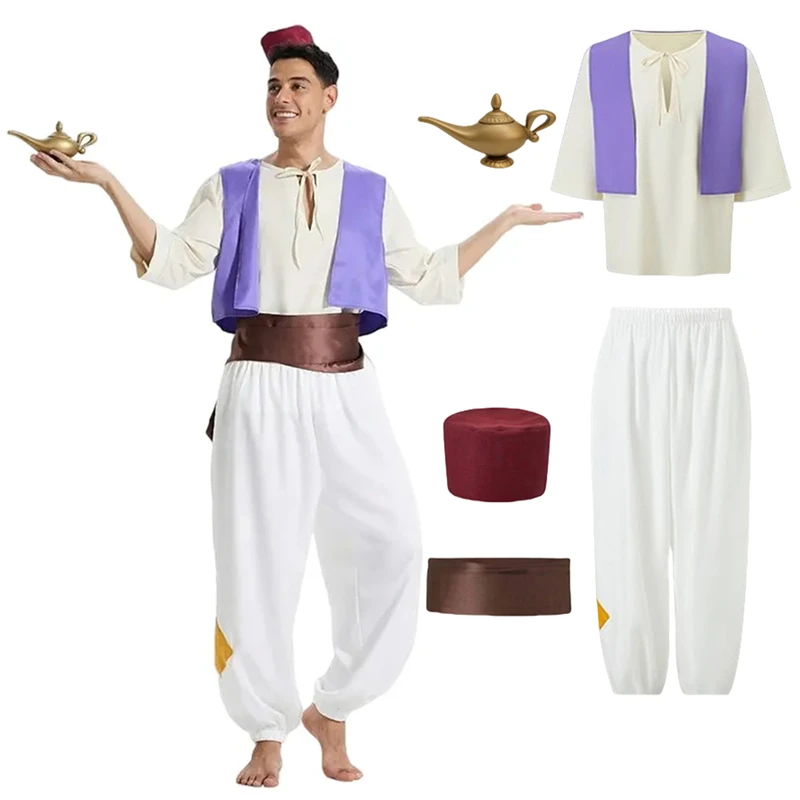 Men Fantasy Movie Party Costume  Aladdin Prince Costume ForHalloween Cosplay Set Hat & Magic Lamp Props Carnival Performance view 2