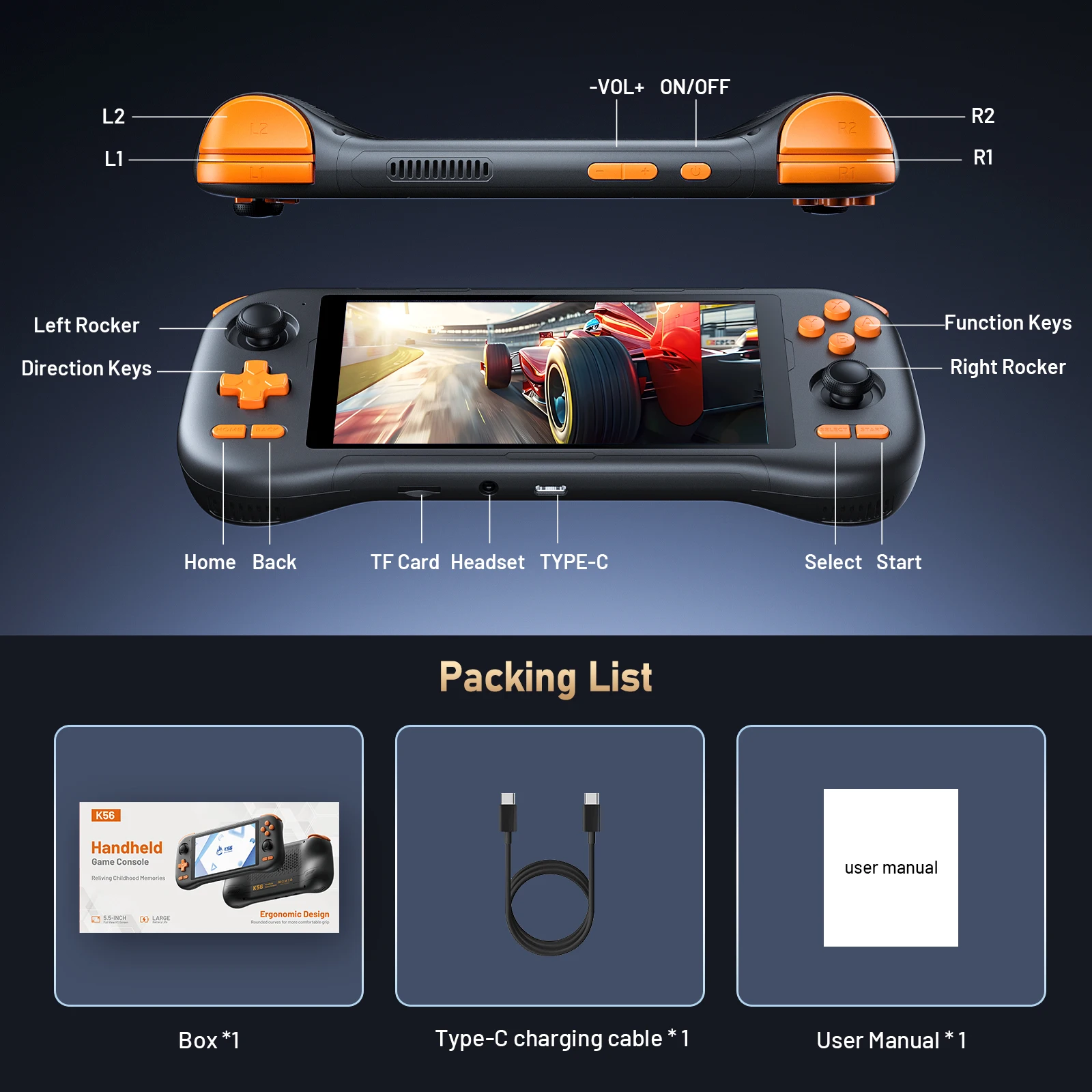 NEW KINHANK K56 Retro Handheld Game Console 5.5'' Touch Screen 50 Emulators for PS1/PSP/DC/SS Android 14 5000mAh WIFI5 Gaming