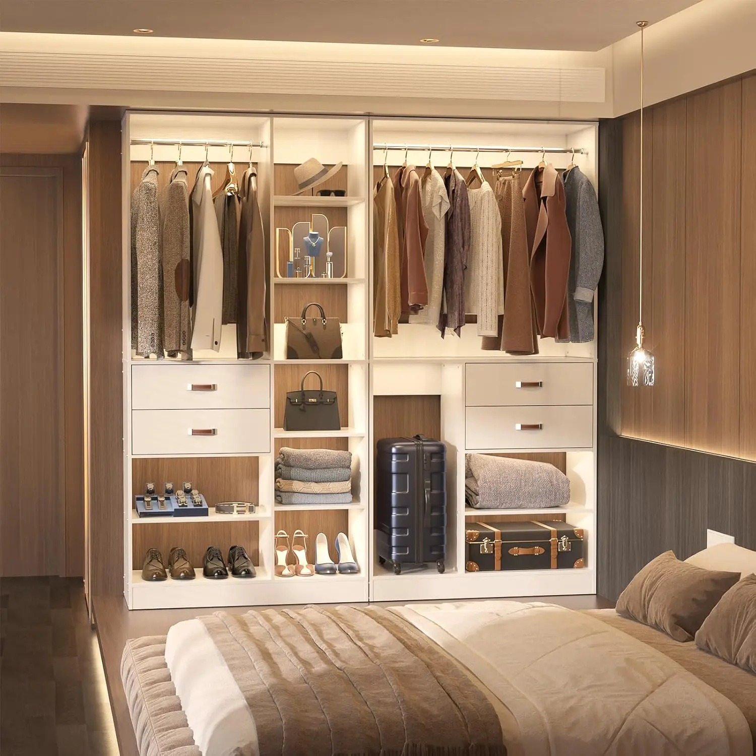 Freestanding Closet System, 40 Inches Stand-Alone Wardrobe with 10 Shelves, Wood Walk-in Closet with Hanging Rod, White