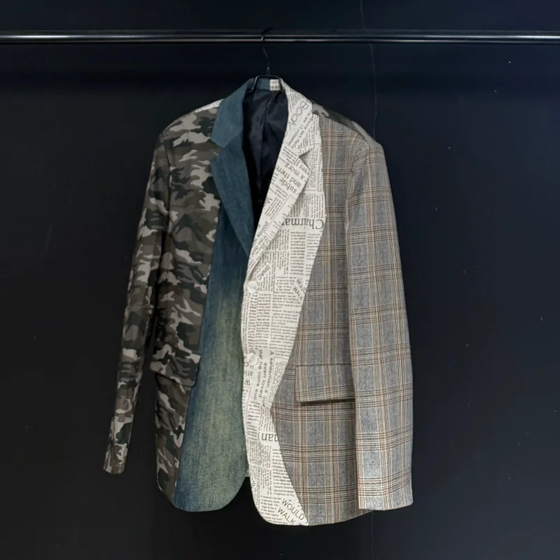 MWJLPWQ American Retro Camouflage Plaid Patchwork Men's Blazer Single Breasted Long Sleeve Loose-Fitting Casual Tops New 17364