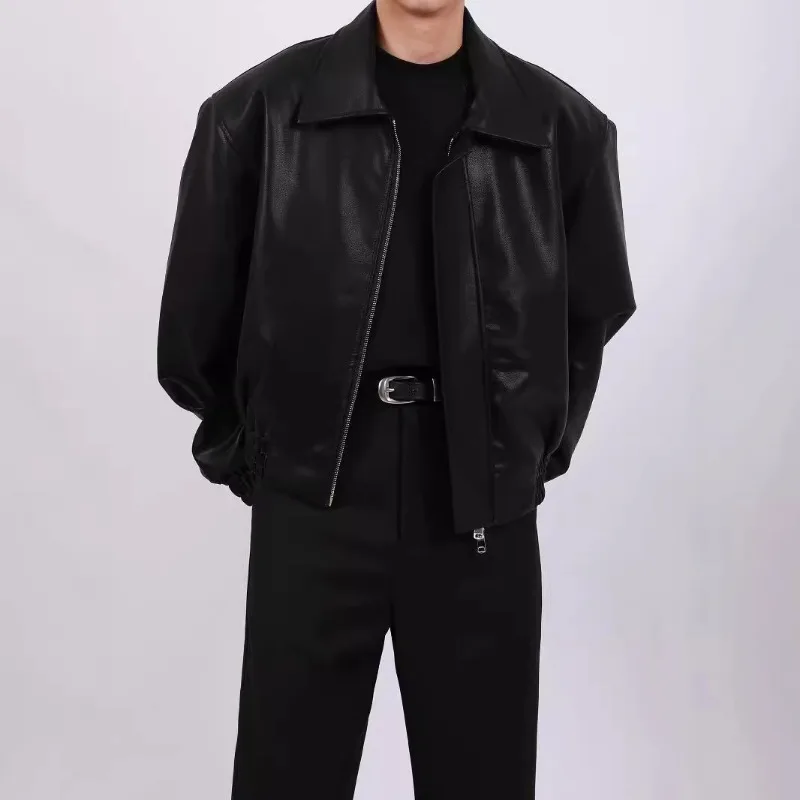 Autumn High Sense PU Leather Lapel Jacket Men's Loose Trendy Brand Ins Internet Celebrity Casual Ruffian Short Jacket