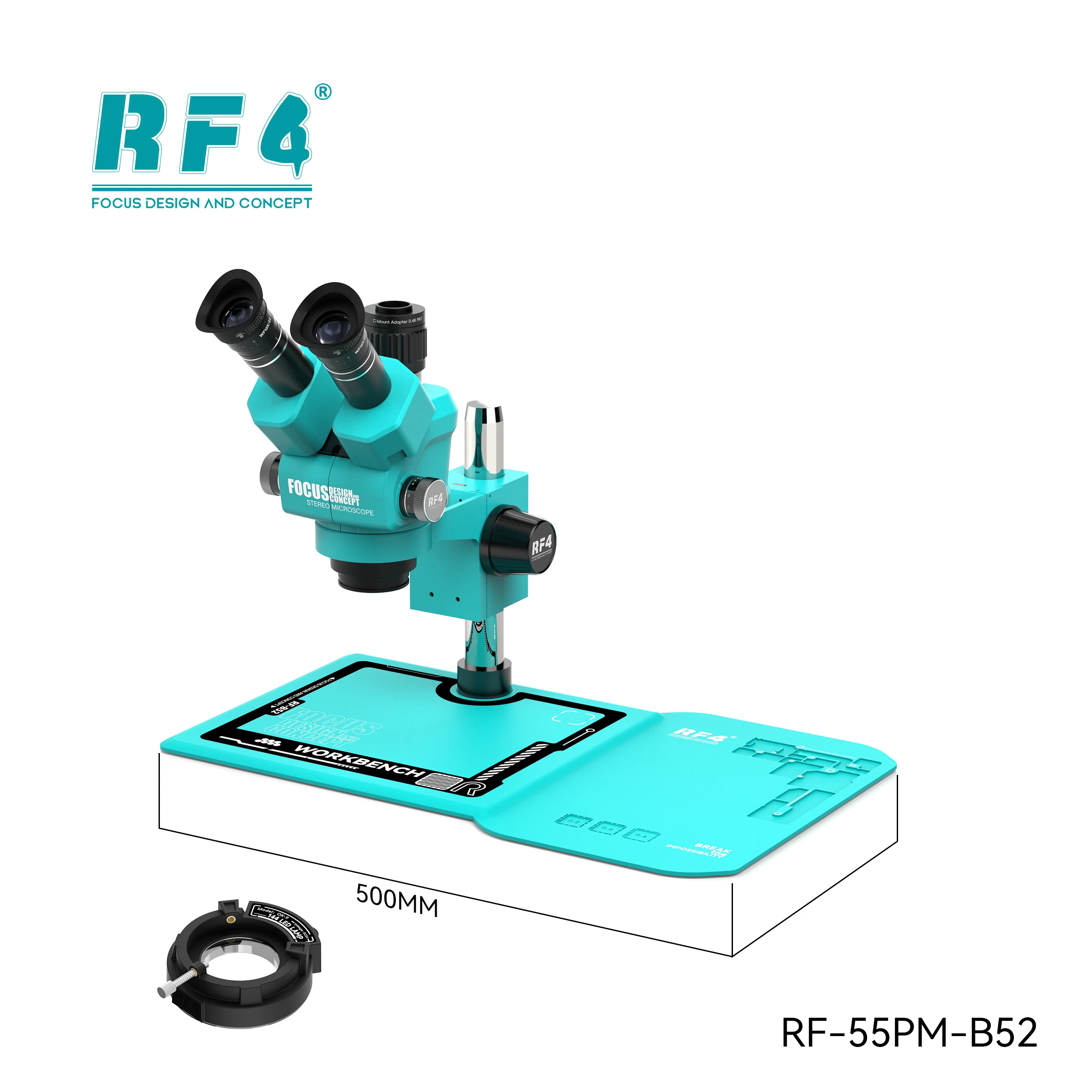 RF4 RF-55PM-B52 Stereo Microscope 6.5-55X Zoom, Trinocular Head w