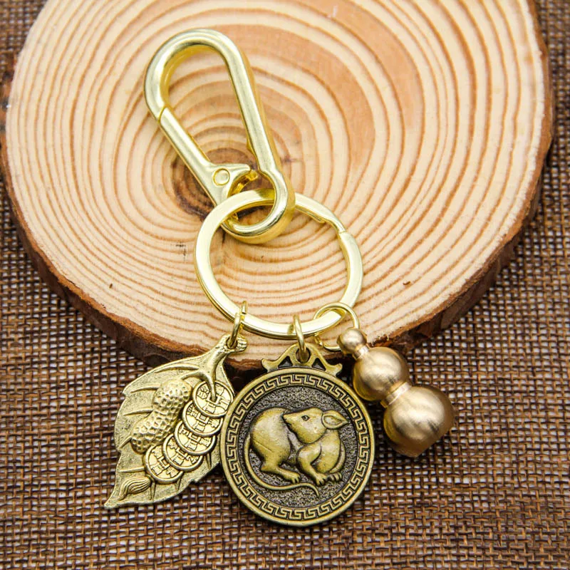 Brass Zodiac Keychain Twelve Zodiac Signs Make a Fortune Overnight Copper Gourd Key Automobile Hanging Ornament Night Market Hot