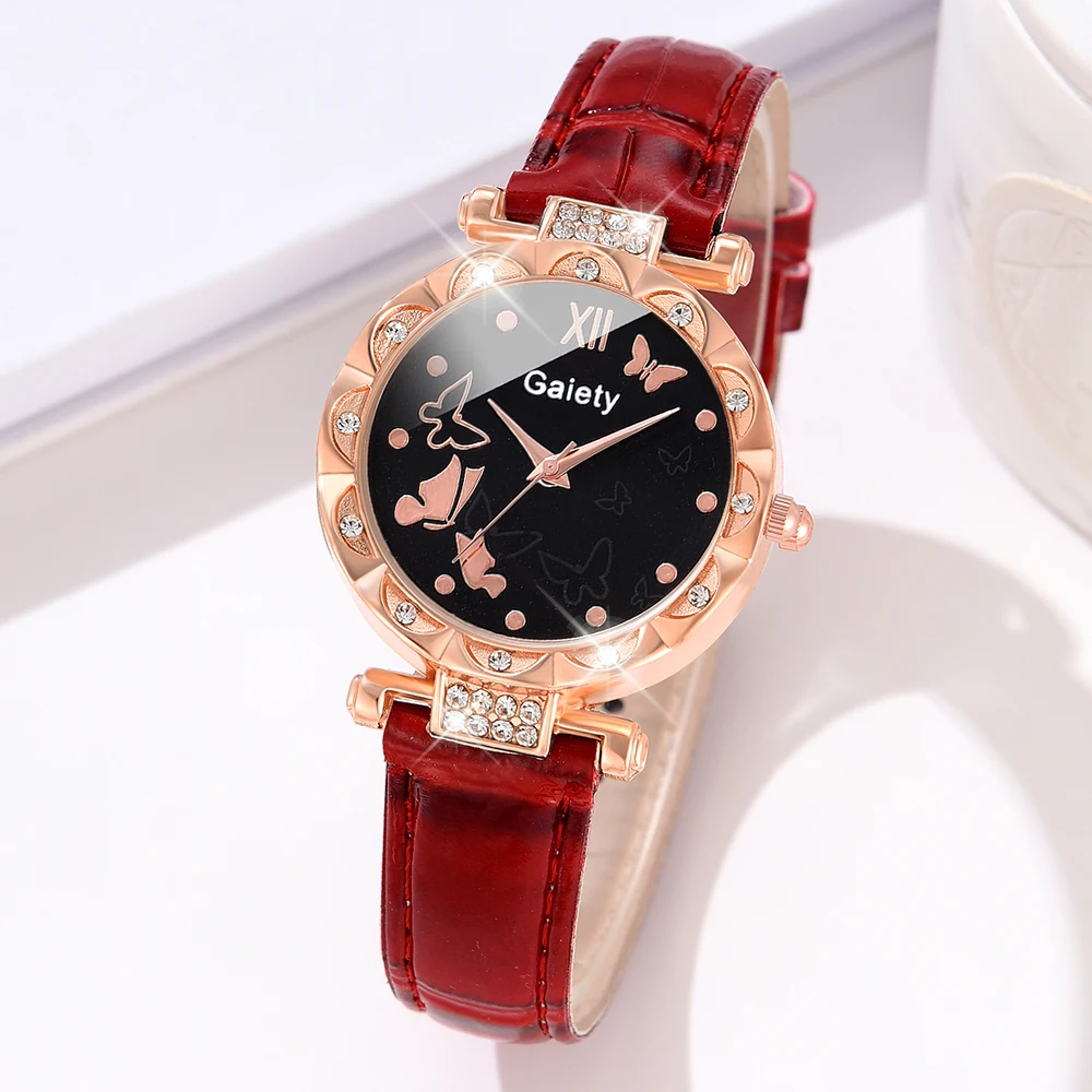 Red Women 5PCS/Set Quartz Watch Half Face Butterfly Dial Wristwatch Leather Strap Watch With Jewelry Set Gift For Her