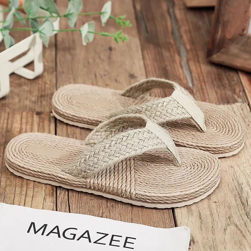 Minimalist Cross Band Women Slide Sandals Beach Hemp Rope Slides Espadrille Flip Flops Two Straw Straps Shoes