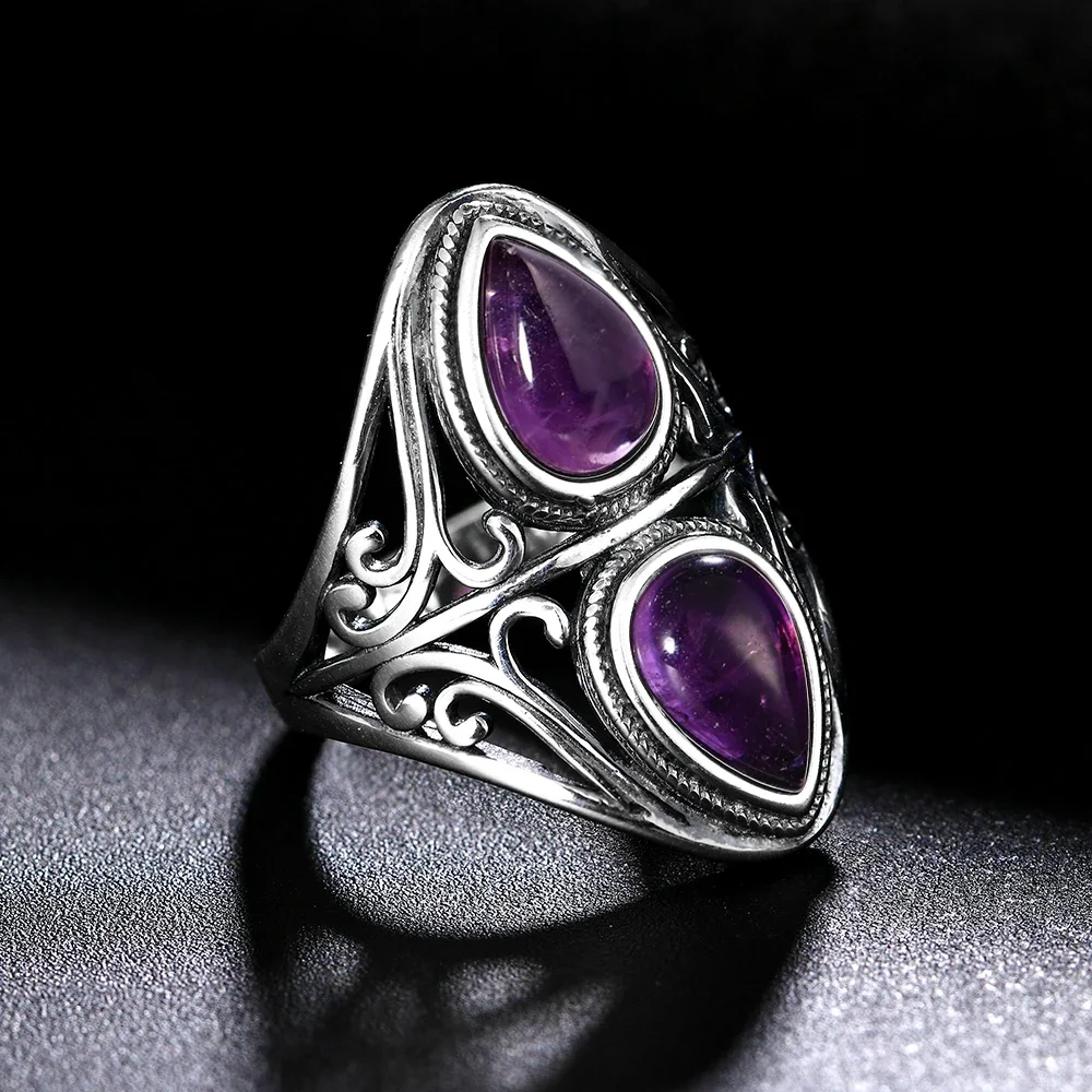 Charms 6x9MM Natural Amethyst S925 Sterling Silver Rings Women\'s Jewelry Vintage Ring Anniversary Party Gifts For Women