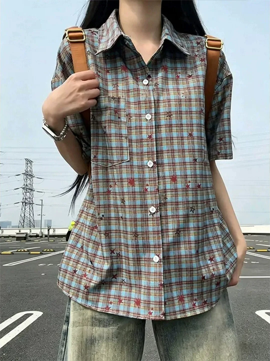 

Cleanfit Summer Short Sleeve Shirt Stars Plaid Thin Cool Feeling Sun Protection Grid Outerwear Men Women Breathable Korean Style