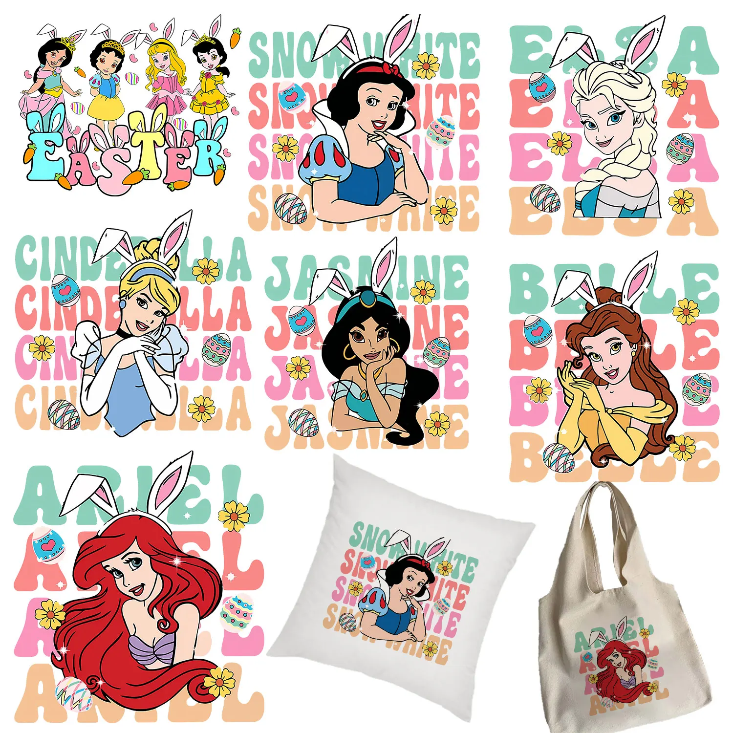 Princesa Pascua jazmín Bella Ariel Elsa Cenicienta hierro en calcomanías parches para ropa creaciones coloridas manualidades DIY