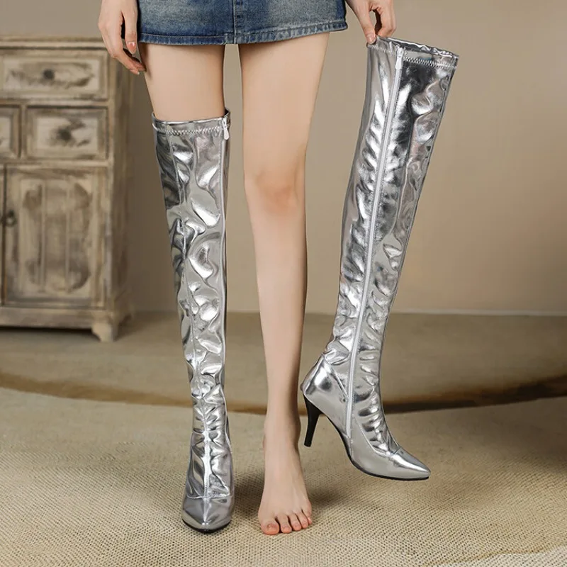 2023 Gold Silver Fashion Women Over The Knee Boots Autumn Winter thin High Heel Thigh Boots Pinted Toe Zipper Ladies party Shoes