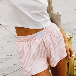 Women Y2k Boxer Shorts Pink White Stripes Elastic Waist Short Pants With Pocket Loose Fit Lounge Boy Shorts Holiday Beach Shorts