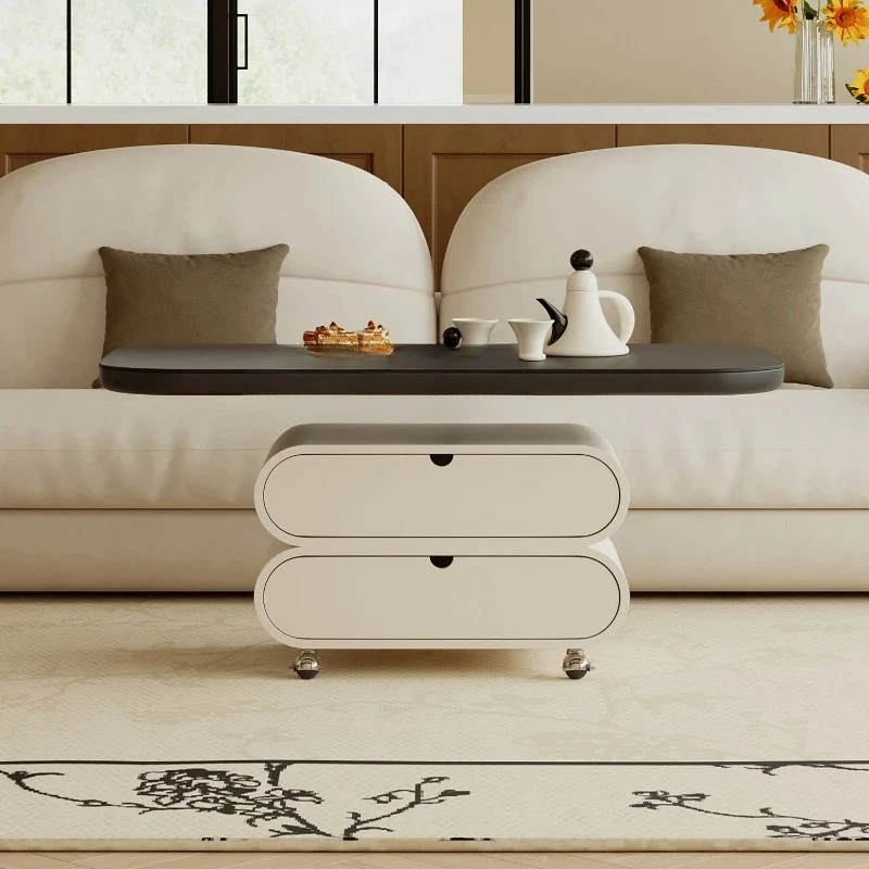 

French Retro New Mobile Black Stone Plate Coffee Table Dining Table Two-in-One Storage Adjustable