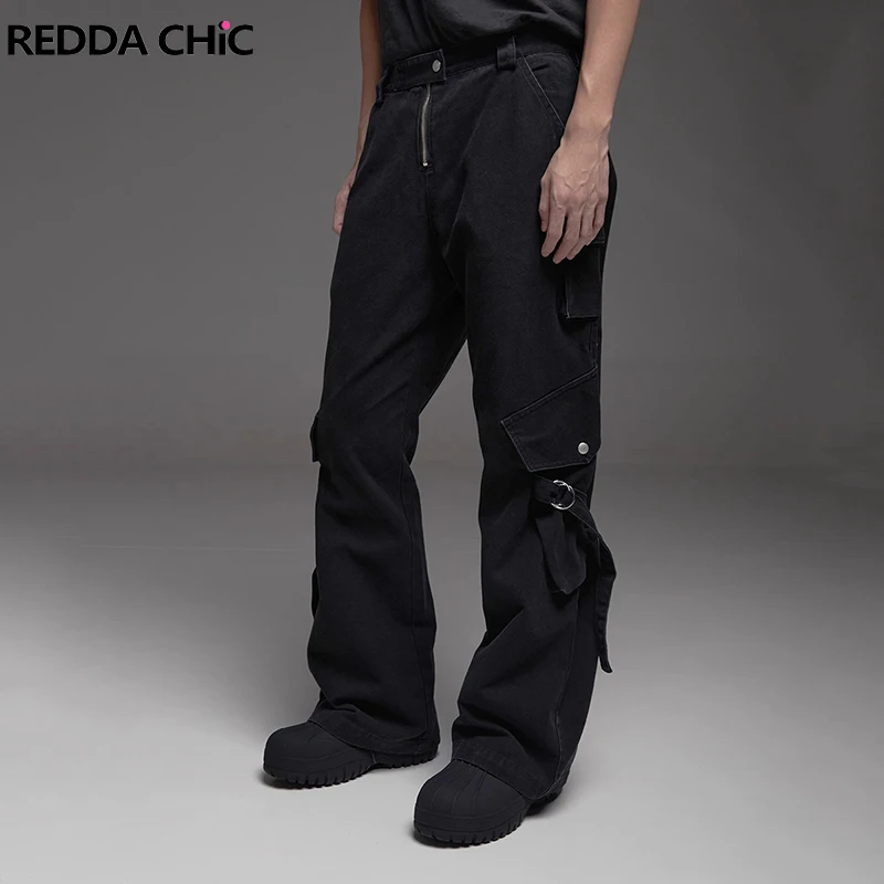 

REDDACHiC Belted Pockets Cargo Men Baggy Jeans Retro Black Wash Dark Punk Casual Straight Wide Pants Grunge Y2k Hip Hop Workwear