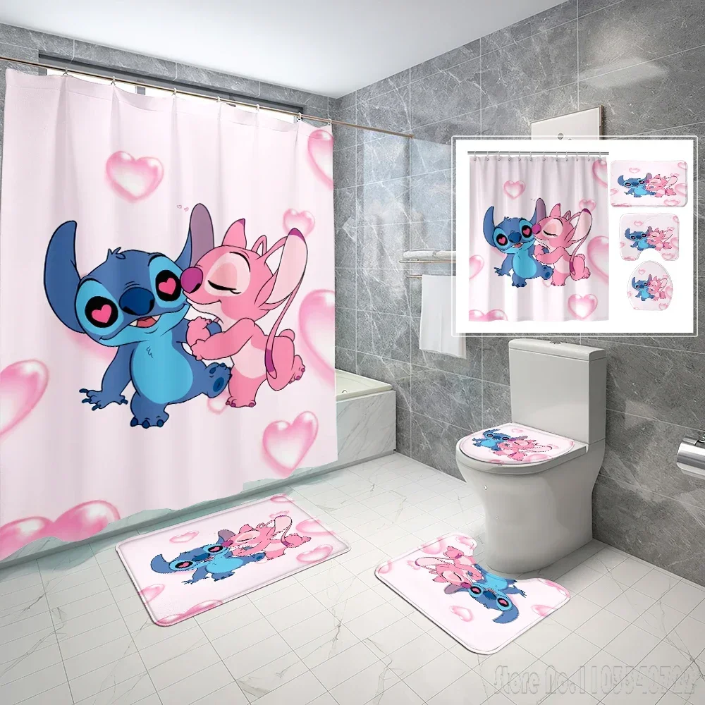 Disney Stitch Angle Bath Shower Curtain Set 4pcs with Hooks Cartoon Decor Bathroom Toilet Mat Lid