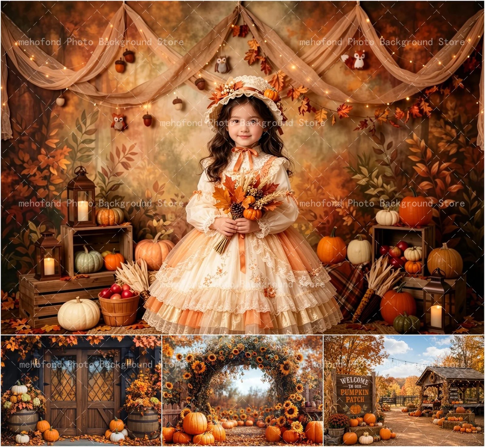 Mehofond Autumn Pumpkin Harvest Maple Leaf Sunflower Photography Background Kid's Family Thanksgiving Portrait Photo Studio