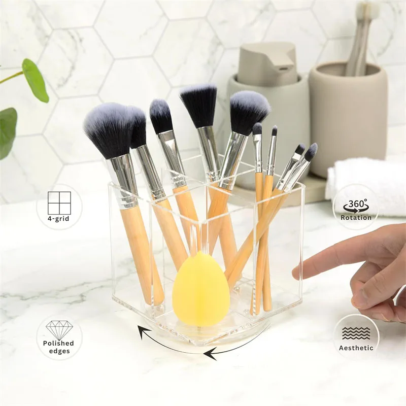 360° Rotating Makeup Brush Holder Acrylic Clear Makeup Flat Storage Rack Lipstick Eyebrow Pencil Holder Eye Shadow Storage Box